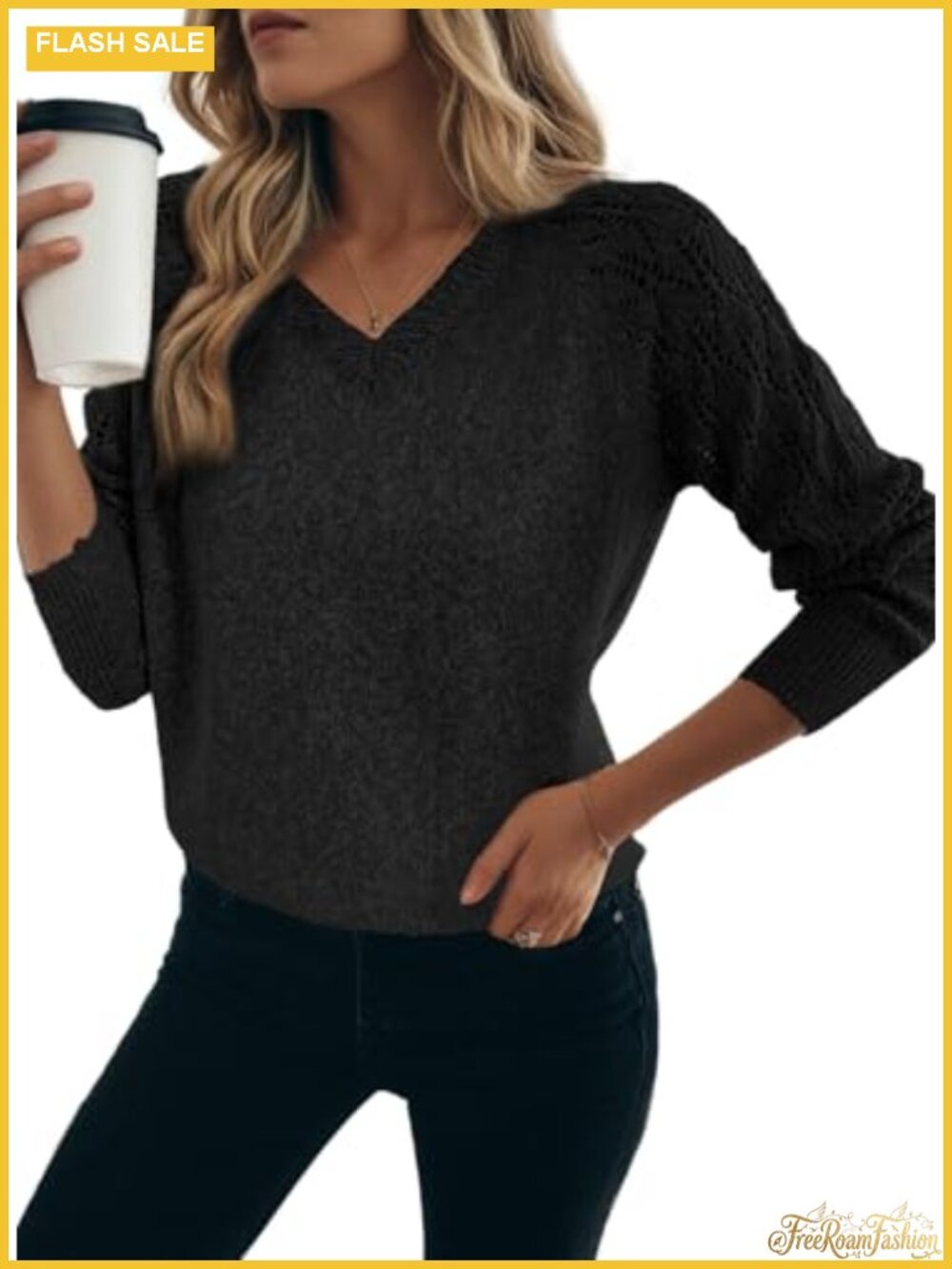 Lightweight Crochet V-Neck Pullover Sweater Loose Fit Long Sleeve